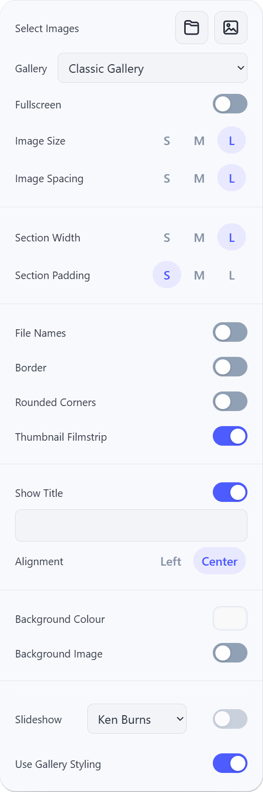 GalleryStudio settings panel showing gallery presentation controls